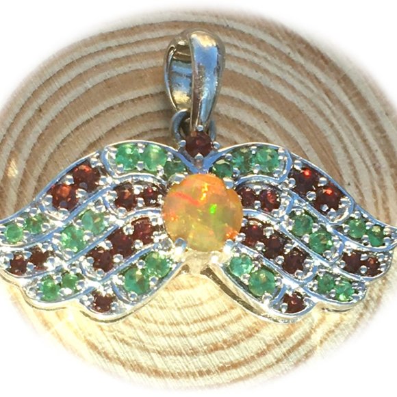 .925 Silver Opal, Tsavorite & Red Garnet Wings Pendant Angel Natural - Picture 15 of 16